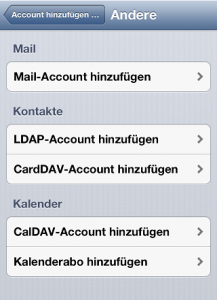 Neuen CardDAV / CalDAV Account wählen