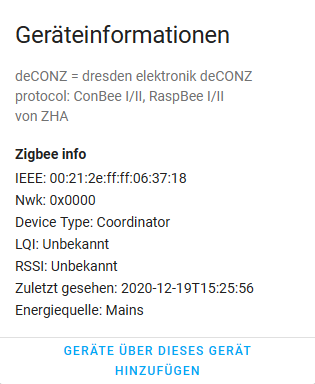 Dialog Übersicht Zigbee Koordinator